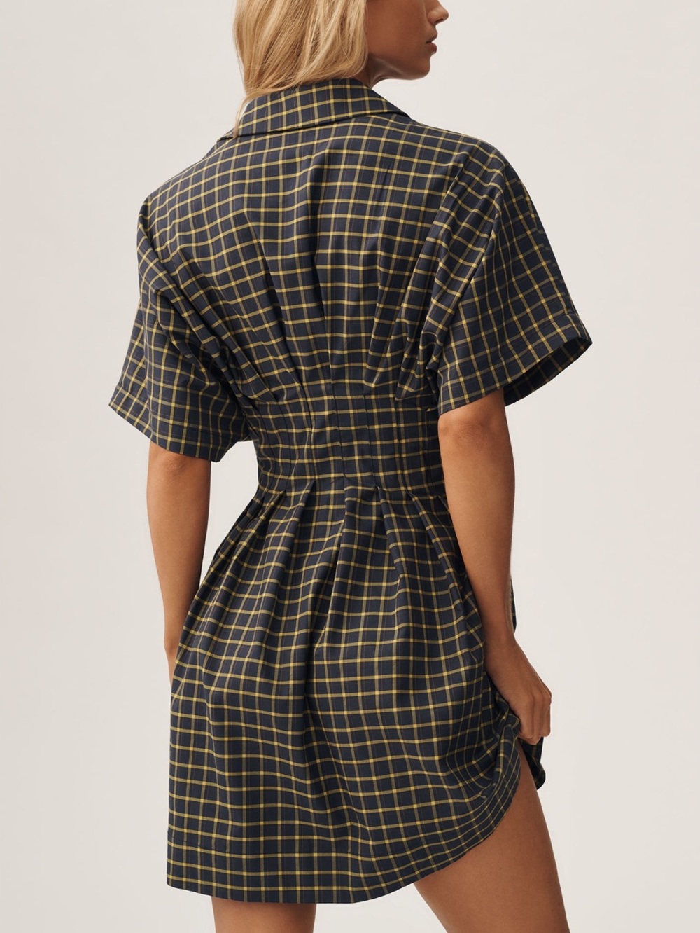 Exquise Tobie Collared Button-Down Mini Shirt Dress Anthropologie Navy Plaid New